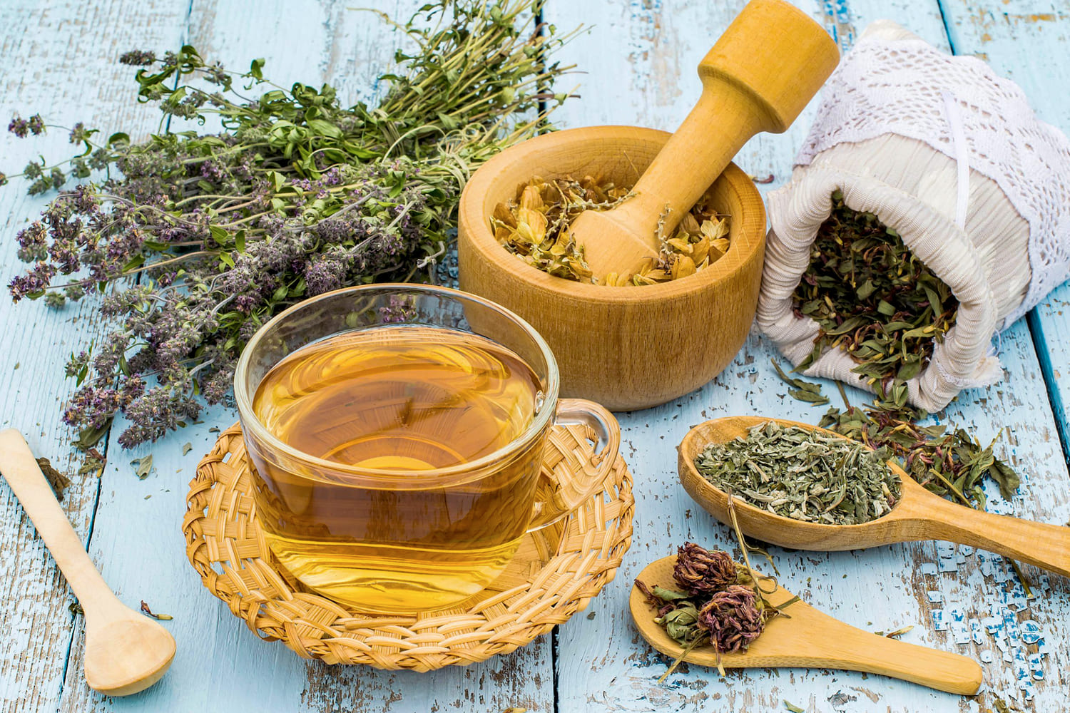 taza de infusión de hierbas medicinales digestivas